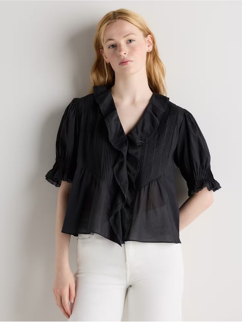 Quince Black Ruffled Short-Sleeve Blouse - Picture 2 of 6